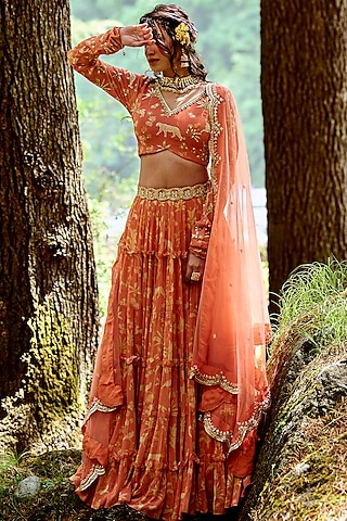 Orange Georgette Printed Lehenga Set by Paulmi & Harsh