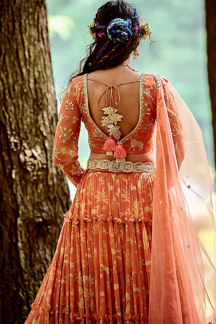 Orange Georgette Printed Wedding Lehenga Set by Paulmi & Harsh at Pernia's Pop Up Shop