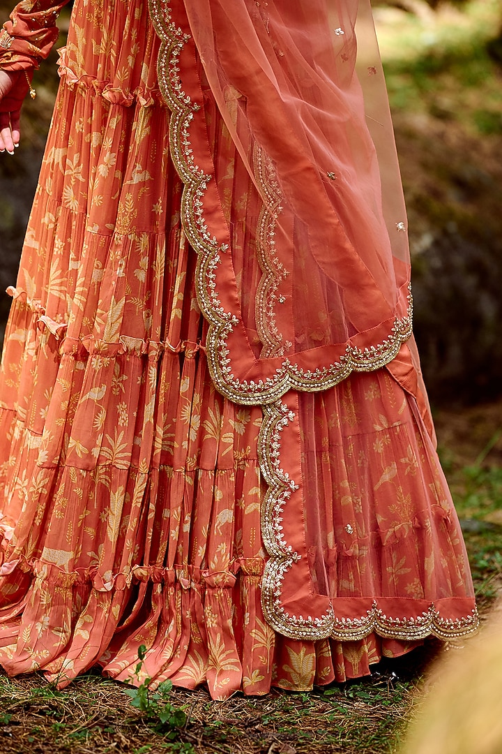 Orange Georgette Printed Wedding Lehenga Set by Paulmi & Harsh at Pernia's Pop Up Shop