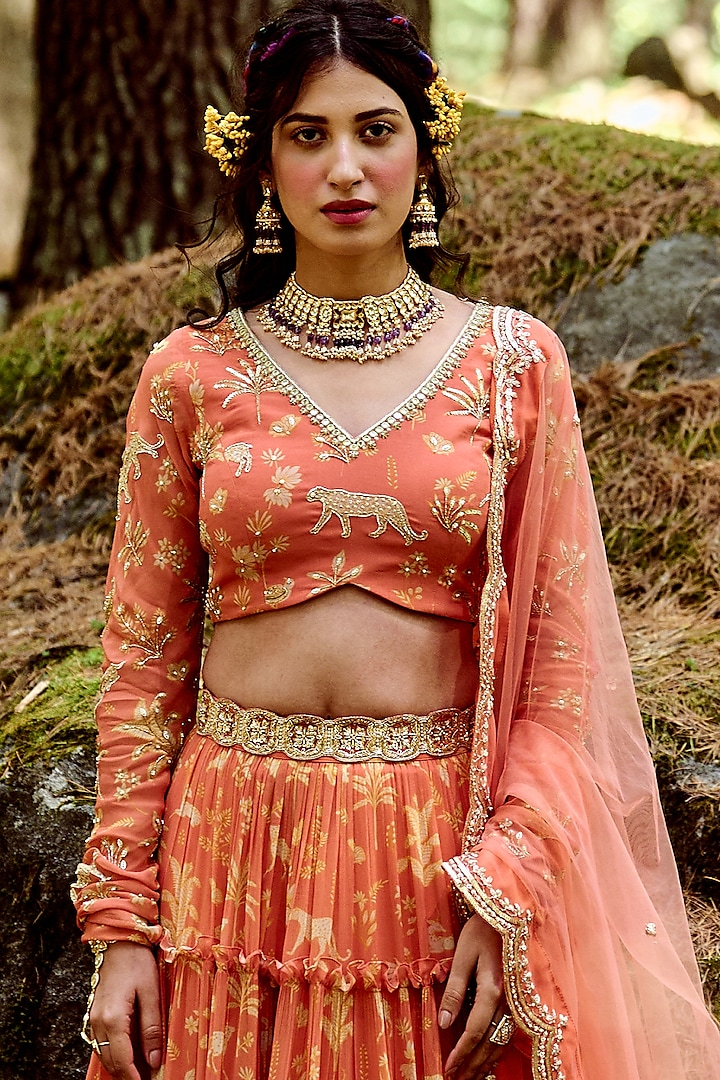 Orange Georgette Printed Wedding Lehenga Set by Paulmi & Harsh at Pernia's Pop Up Shop