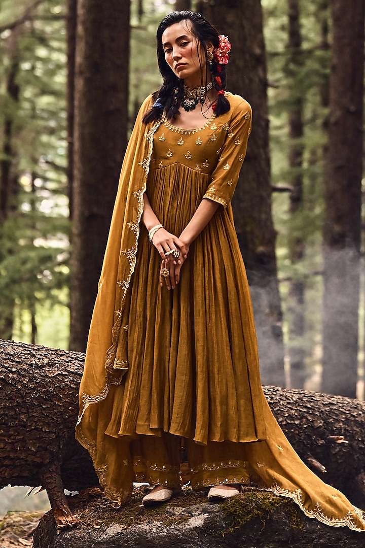 Ochre Yellow Embellished Anarkali Set by Paulmi & Harsh at Pernia's Pop Up Shop