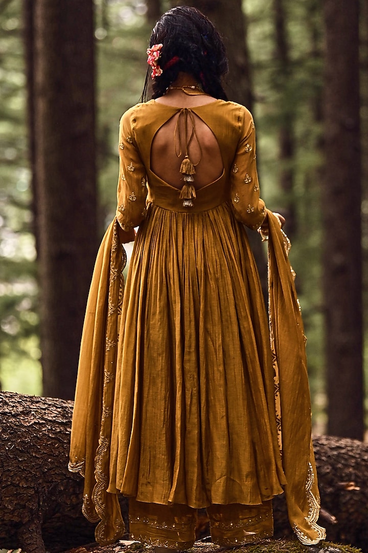 Ochre Yellow Embellished Party Wear Anarkali Set by Paulmi & Harsh at Pernia's Pop Up Shop