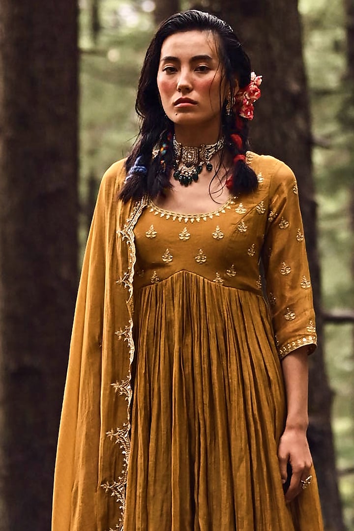 Ochre Yellow Embellished Party Wear Anarkali Set by Paulmi & Harsh at Pernia's Pop Up Shop