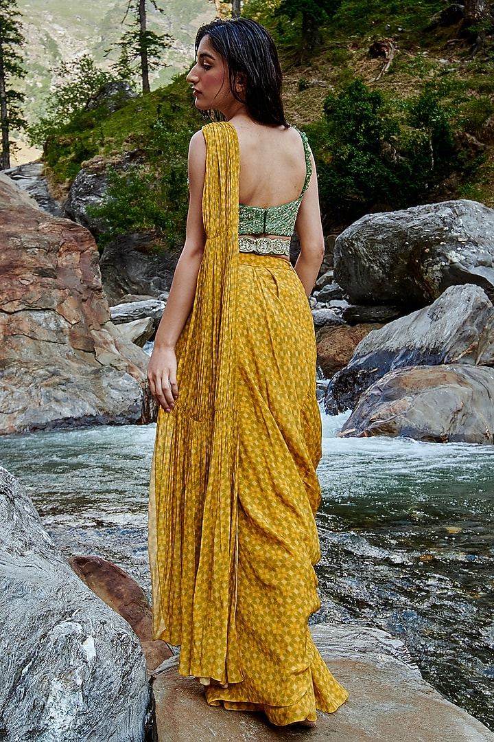 Ochre Yellow Crepe Pre-Draped Party Wear Saree Set by Paulmi & Harsh at Pernia's Pop Up Shop