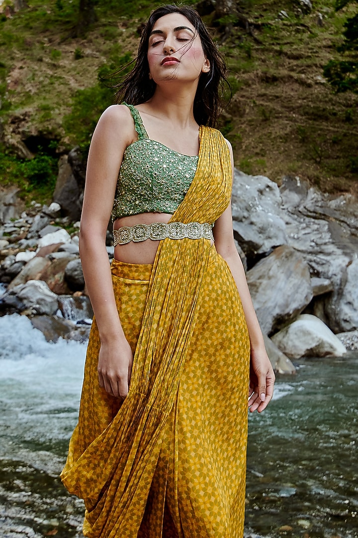 Ochre Yellow Crepe Pre-Draped Party Wear Saree Set by Paulmi & Harsh at Pernia's Pop Up Shop