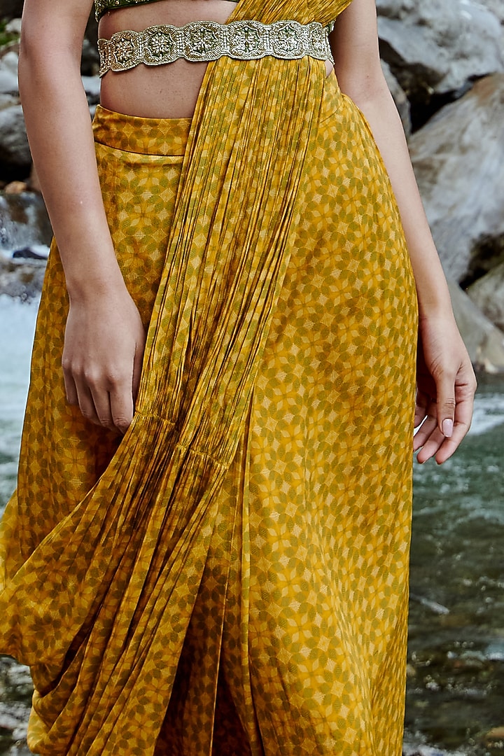 Ochre Yellow Crepe Pre-Draped Party Wear Saree Set by Paulmi & Harsh at Pernia's Pop Up Shop