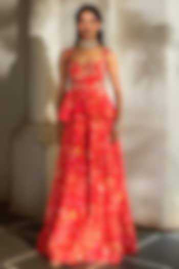 Sunset Red Chiniya Silk Printed Pant Set by Paulmi & Harsh at Pernia's Pop Up Shop