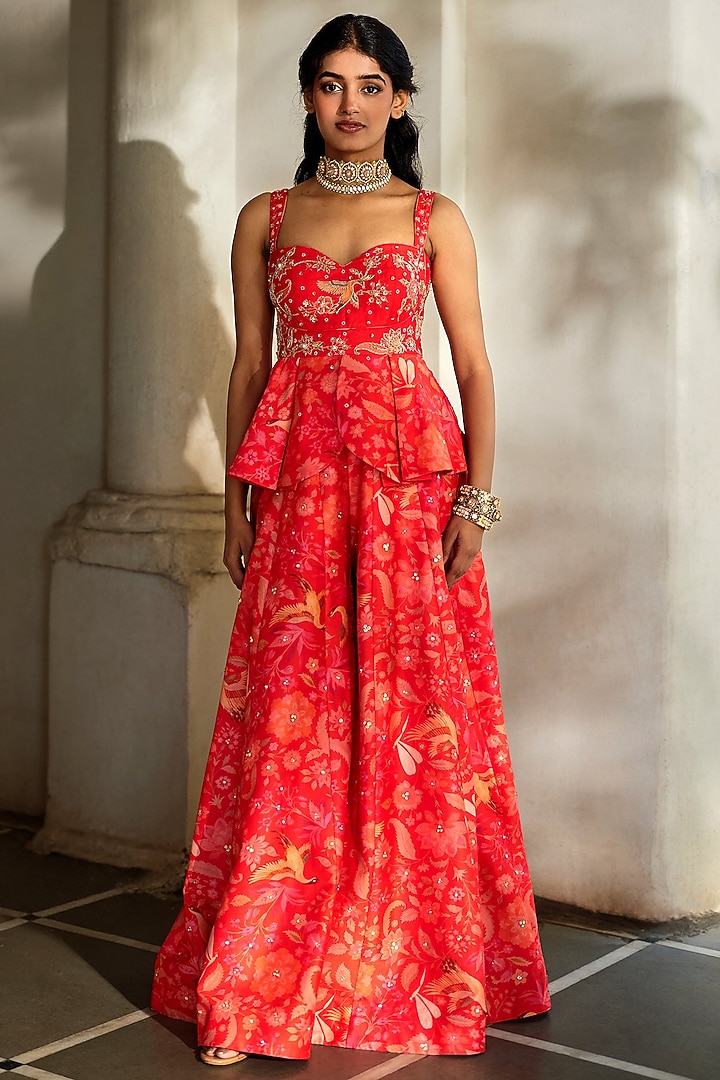 Sunset Red Chiniya Silk Printed Pant Set by Paulmi & Harsh at Pernia's Pop Up Shop