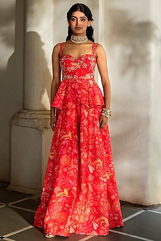 Sunset Red Chiniya Silk Printed Pant Set by Paulmi & Harsh
