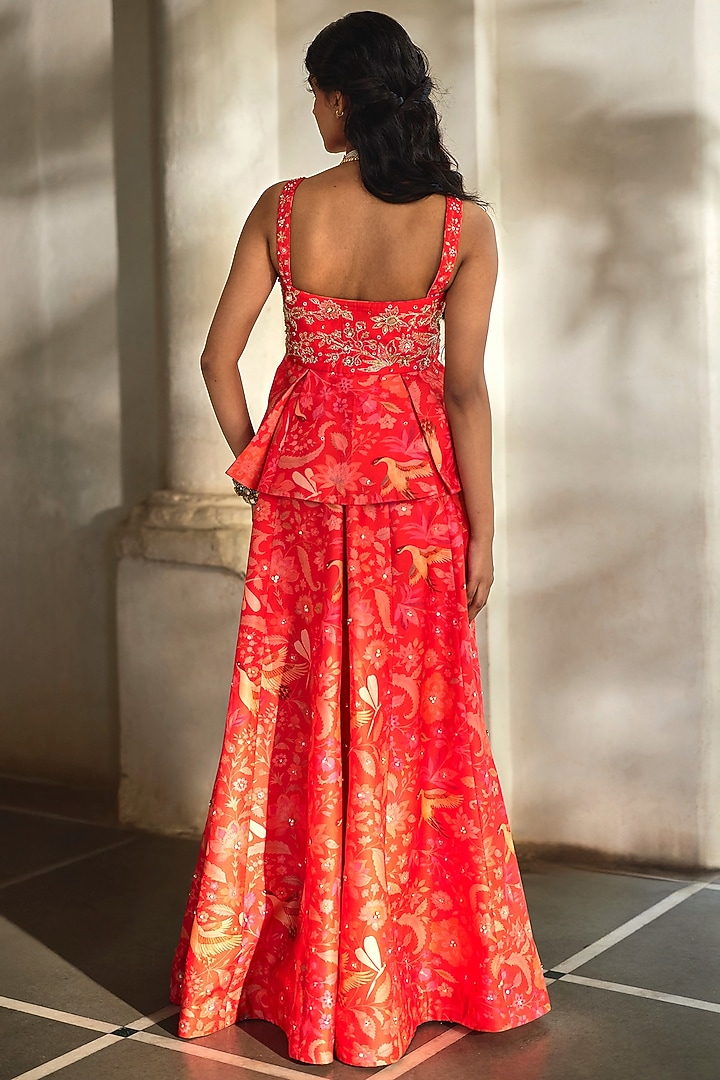 Sunset Red Chiniya Silk Printed Pant Set by Paulmi & Harsh at Pernia's Pop Up Shop