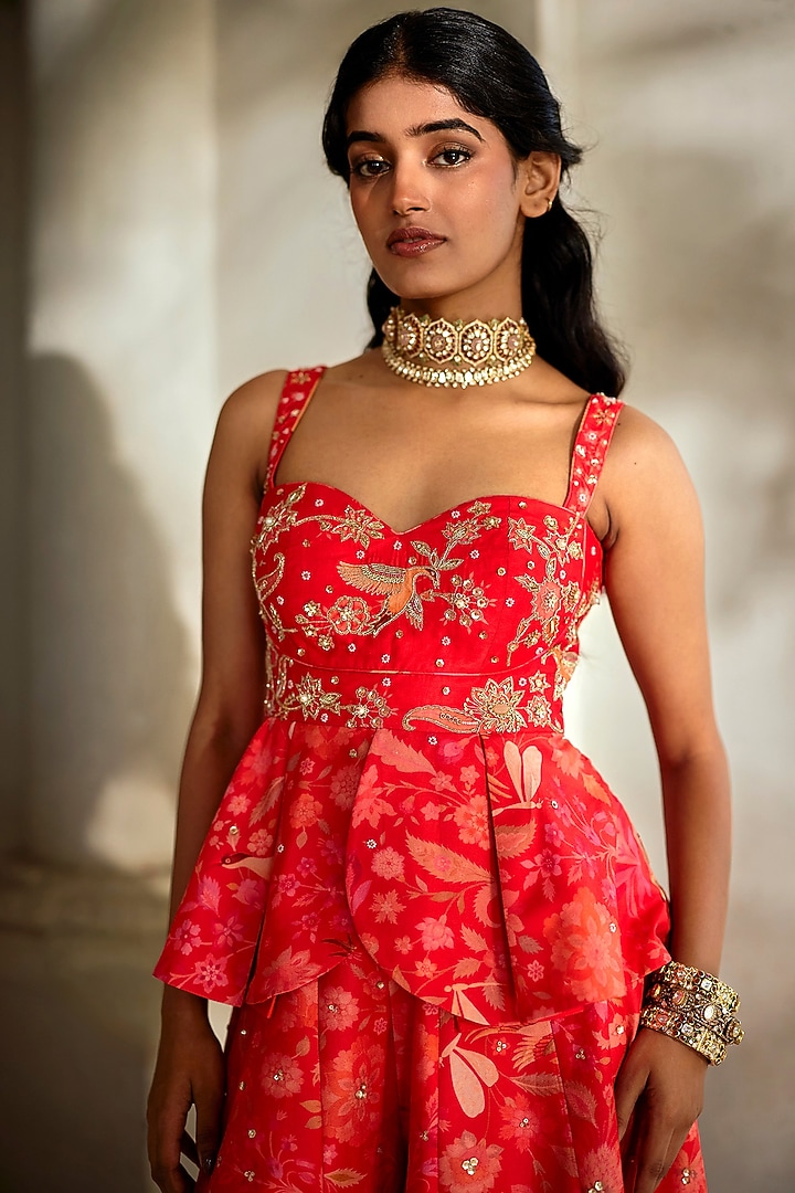 Sunset Red Chiniya Silk Printed Pant Set by Paulmi & Harsh at Pernia's Pop Up Shop