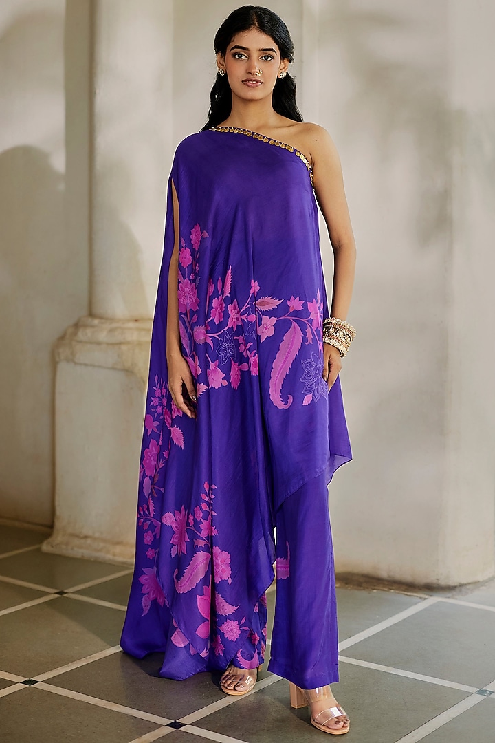 Grape Silk Organza Printed Tunic Set by Paulmi & Harsh at Pernia's Pop Up Shop