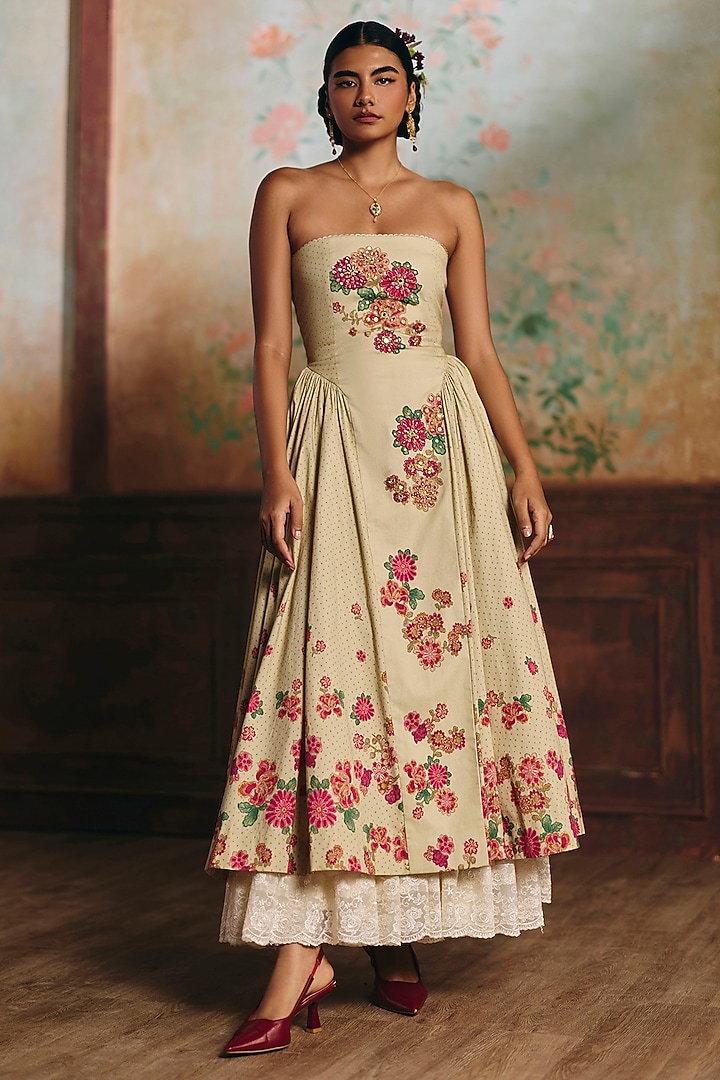 Ivory Lycra Hand Embroidered Maxi Vacation Dress by Paulmi & Harsh at Pernia's Pop Up Shop
