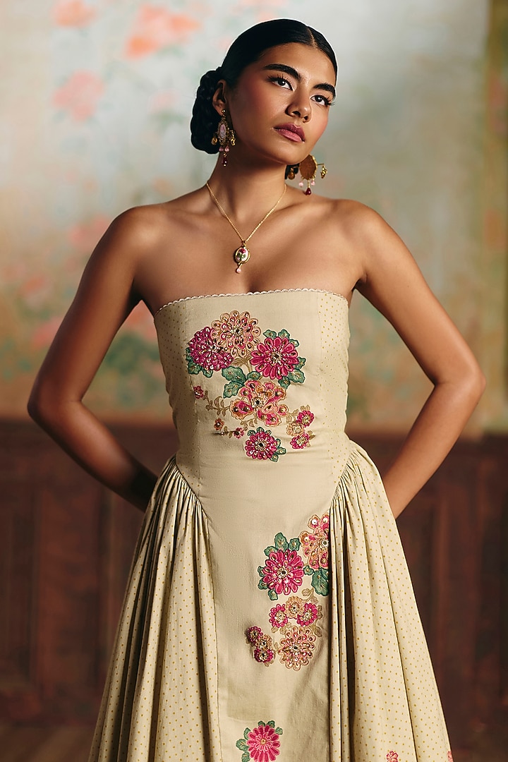 Ivory Lycra Hand Embroidered Maxi Vacation Dress by Paulmi & Harsh at Pernia's Pop Up Shop