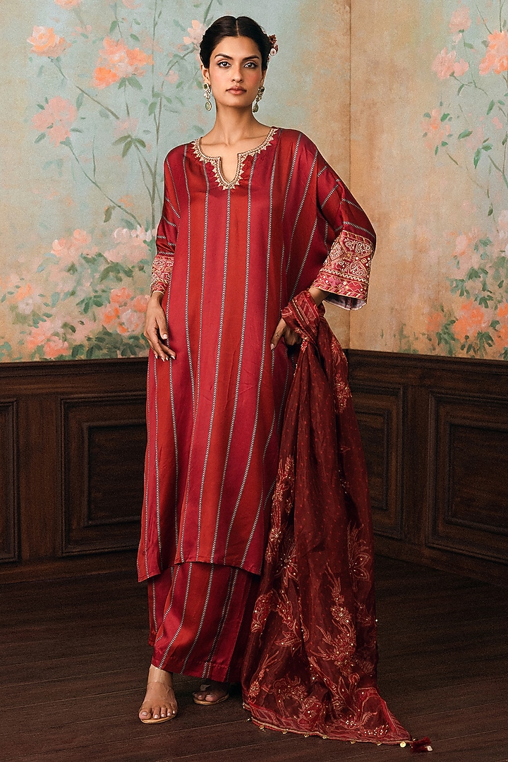 Crimson Red Satin Modal Hand Embroidered Striped Kurta Set by Paulmi & Harsh at Pernia's Pop Up Shop