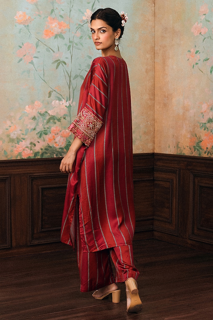Crimson Red Satin Modal Hand Embroidered Striped Kurta Set by Paulmi & Harsh at Pernia's Pop Up Shop