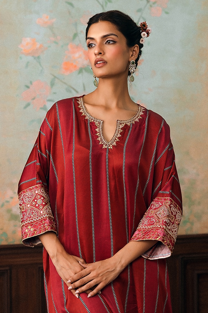 Crimson Red Satin Modal Hand Embroidered Striped Kurta Set by Paulmi & Harsh at Pernia's Pop Up Shop