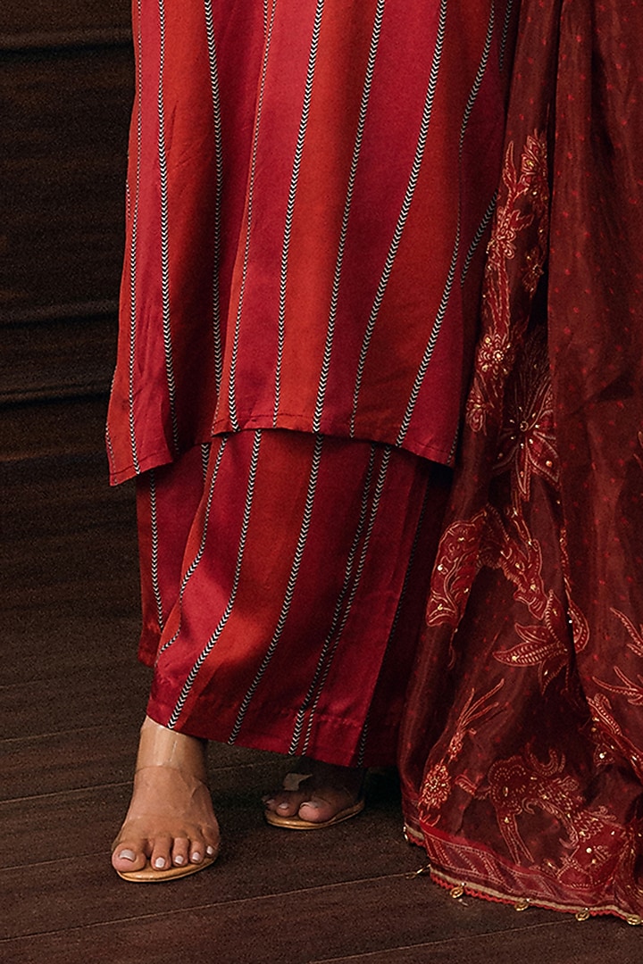 Crimson Red Satin Modal Hand Embroidered Striped Kurta Set by Paulmi & Harsh at Pernia's Pop Up Shop
