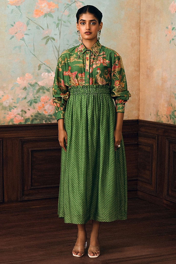 Parrot Green Gokul Chiniya Polka Dot Printed Skirt Set by Paulmi & Harsh at Pernia's Pop Up Shop
