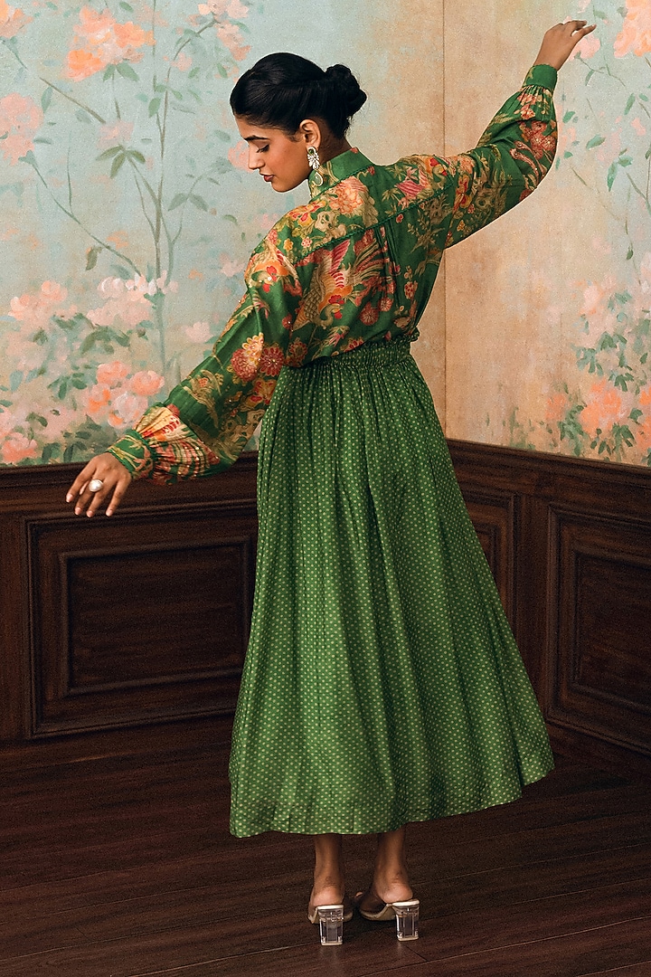 Parrot Green Gokul Chiniya Polka Dot Printed Skirt Set by Paulmi & Harsh at Pernia's Pop Up Shop