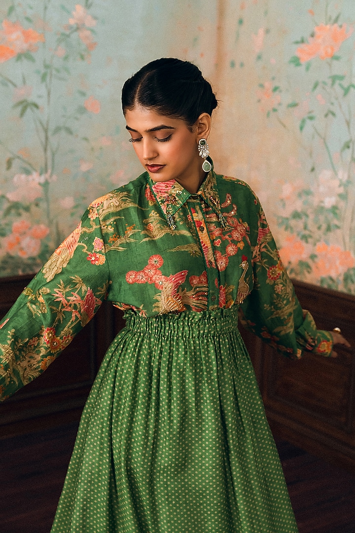 Parrot Green Gokul Chiniya Polka Dot Printed Skirt Set by Paulmi & Harsh at Pernia's Pop Up Shop