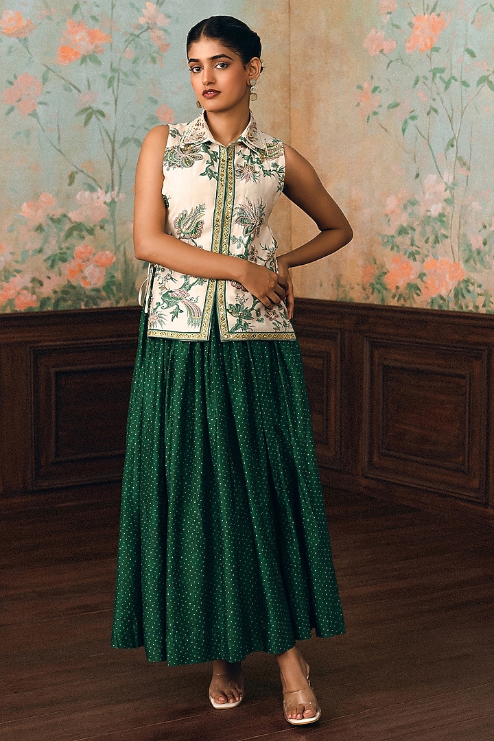 Green Gokul Chiniya Polka Dot Printed Skirt Set by Paulmi & Harsh at Pernia's Pop Up Shop