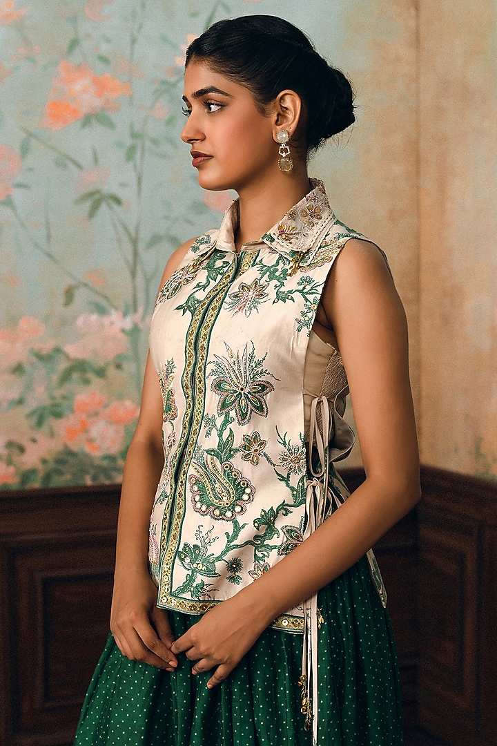 Green Gokul Chiniya Polka Dot Printed Skirt Set by Paulmi & Harsh at Pernia's Pop Up Shop