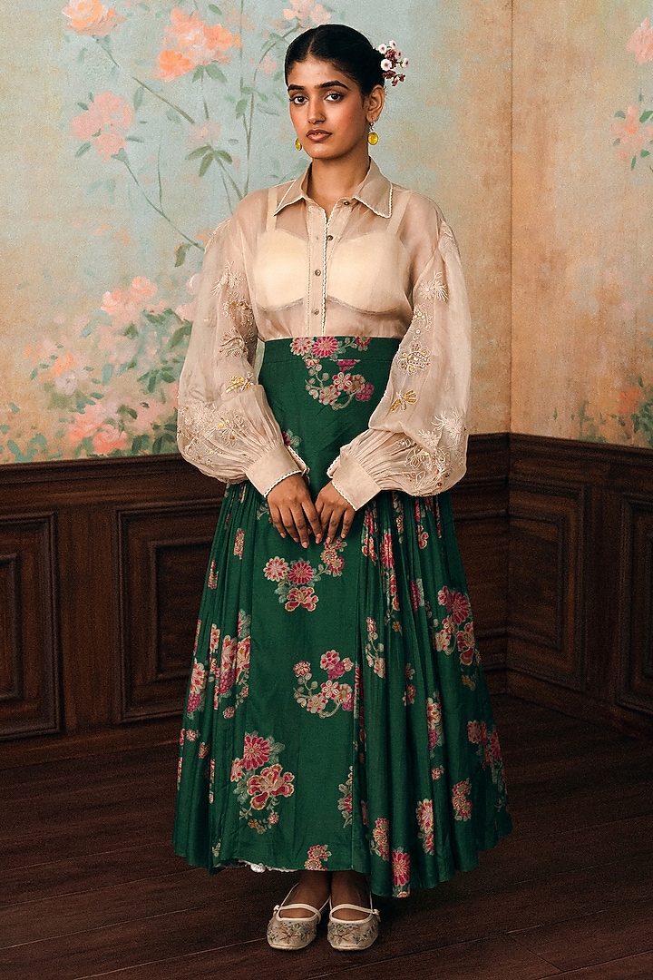 Forest Green Cotton Silk Floral Printed Skirt Set by Paulmi & Harsh at Pernia's Pop Up Shop