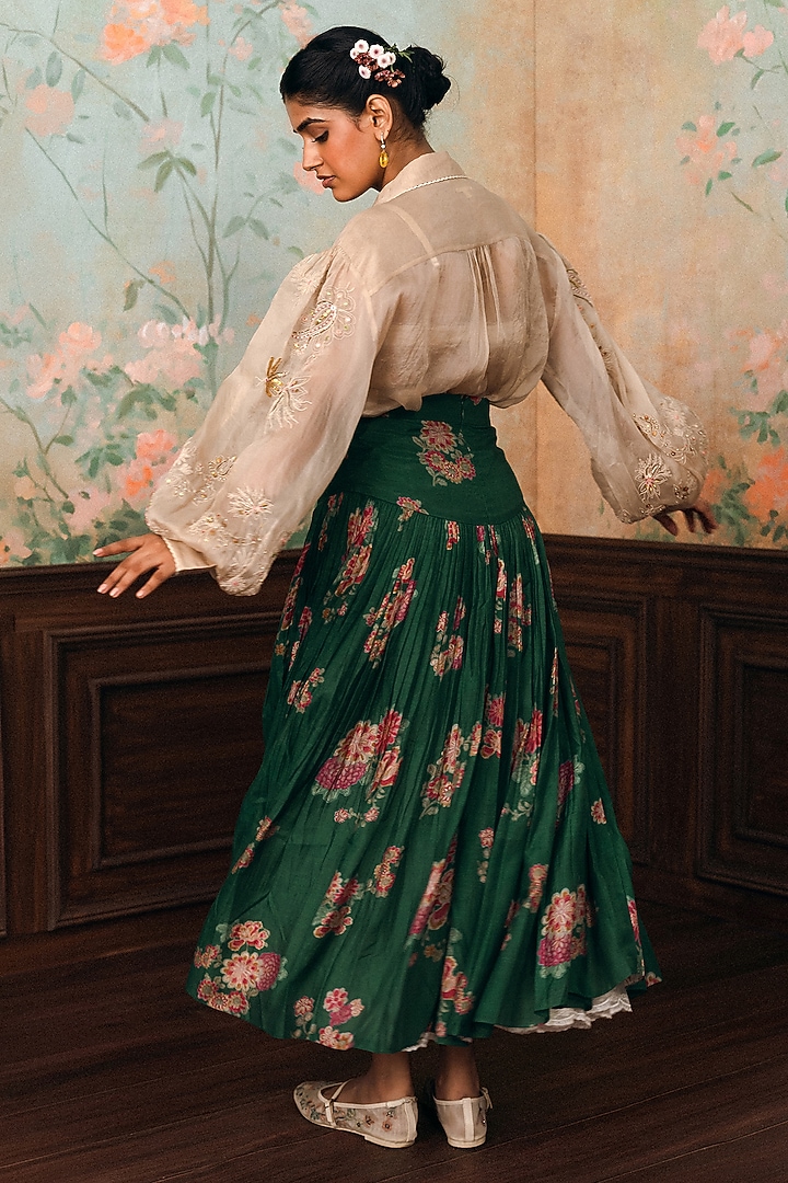 Forest Green Cotton Silk Floral Printed Skirt Set by Paulmi & Harsh at Pernia's Pop Up Shop