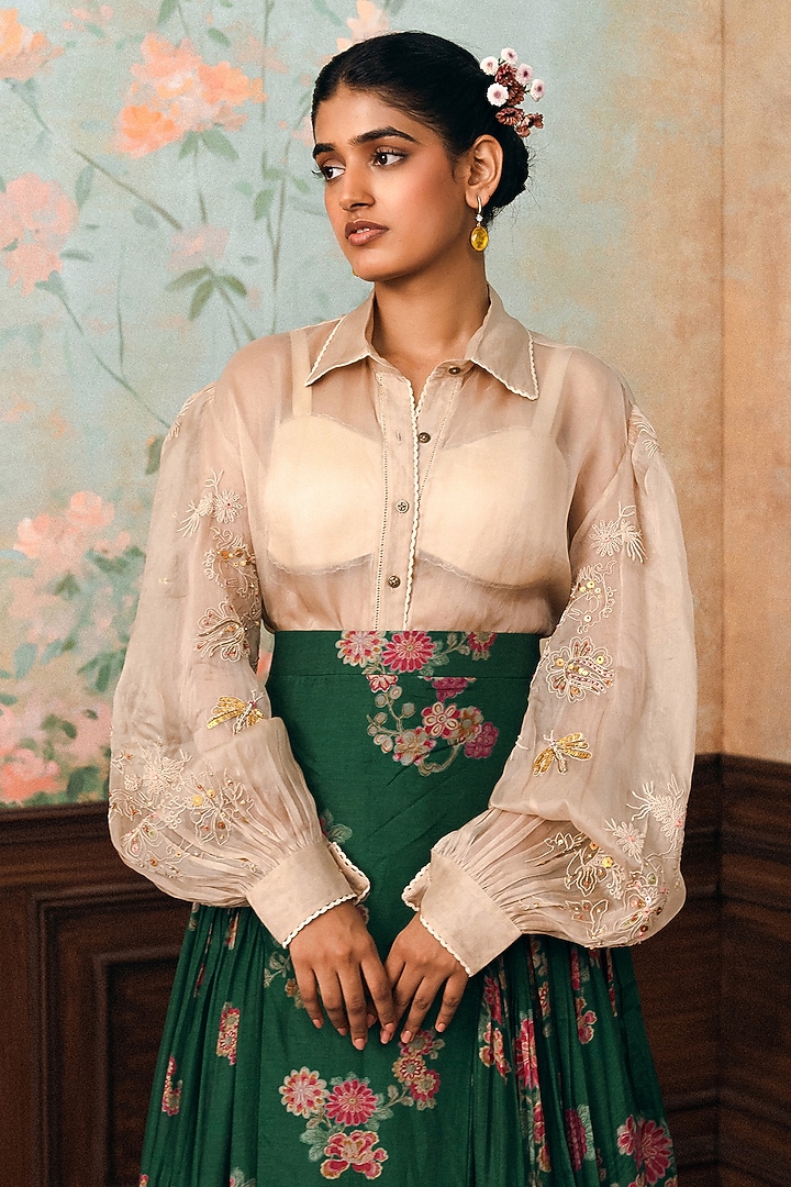 Forest Green Cotton Silk Floral Printed Skirt Set by Paulmi & Harsh at Pernia's Pop Up Shop