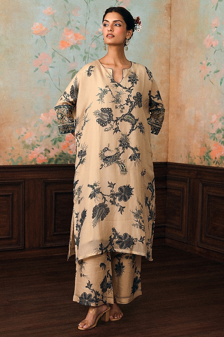 Ivory & Space Blue Cotton Silk Printed Kurta Set by Paulmi & Harsh at Pernia's Pop Up Shop