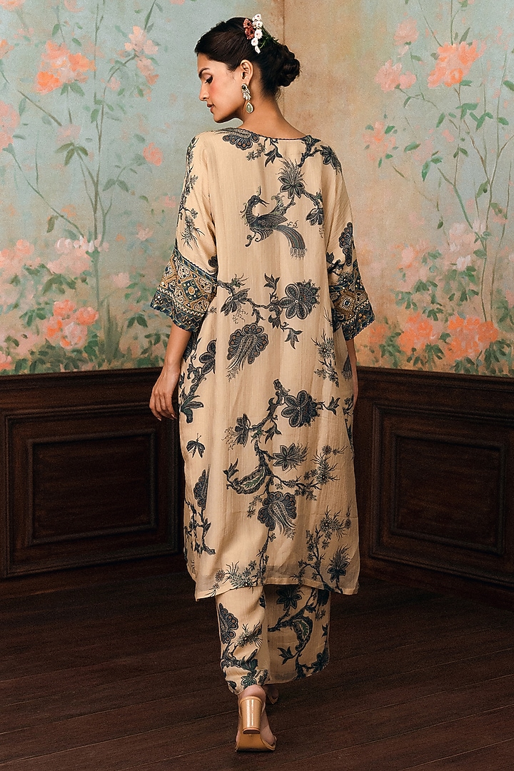 Ivory & Space Blue Cotton Silk Printed Kurta Set by Paulmi & Harsh at Pernia's Pop Up Shop