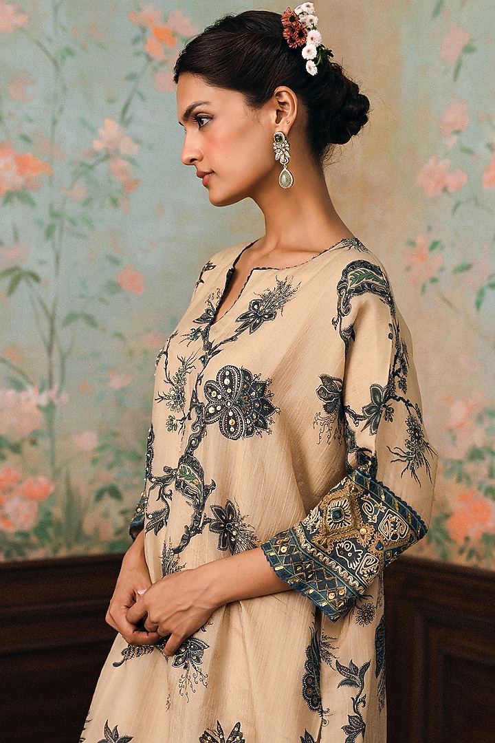 Ivory & Space Blue Cotton Silk Printed Kurta Set by Paulmi & Harsh at Pernia's Pop Up Shop