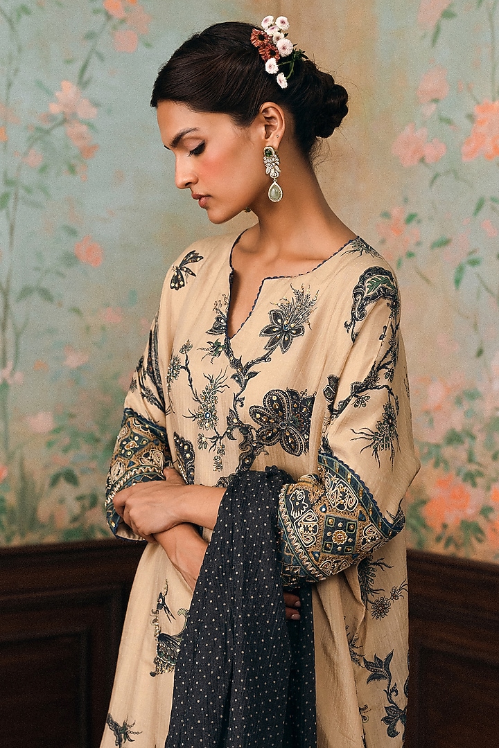 Ivory & Space Blue Cotton Silk Printed Kurta Set by Paulmi & Harsh at Pernia's Pop Up Shop