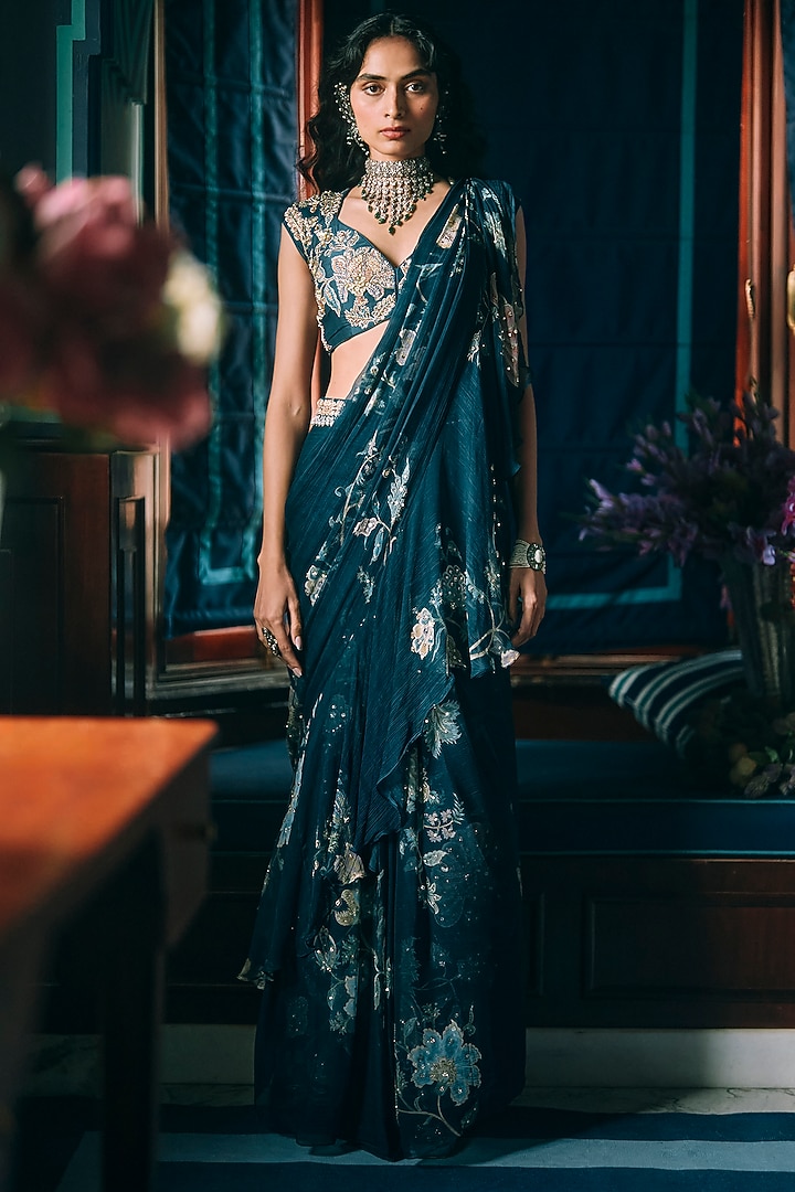 Berry Blue Pure Chiffon Floral Printed Wedding Saree Set by Paulmi & Harsh at Pernia's Pop Up Shop