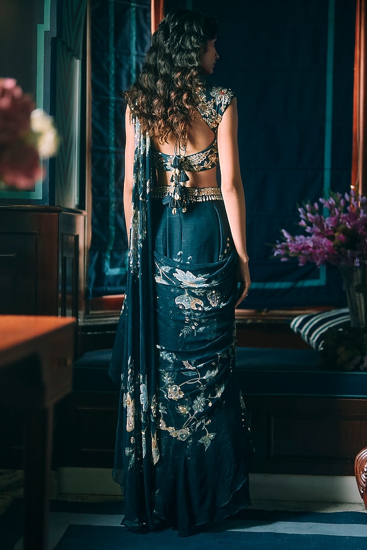 Berry Blue Pure Chiffon Floral Printed Wedding Saree Set by Paulmi & Harsh at Pernia's Pop Up Shop