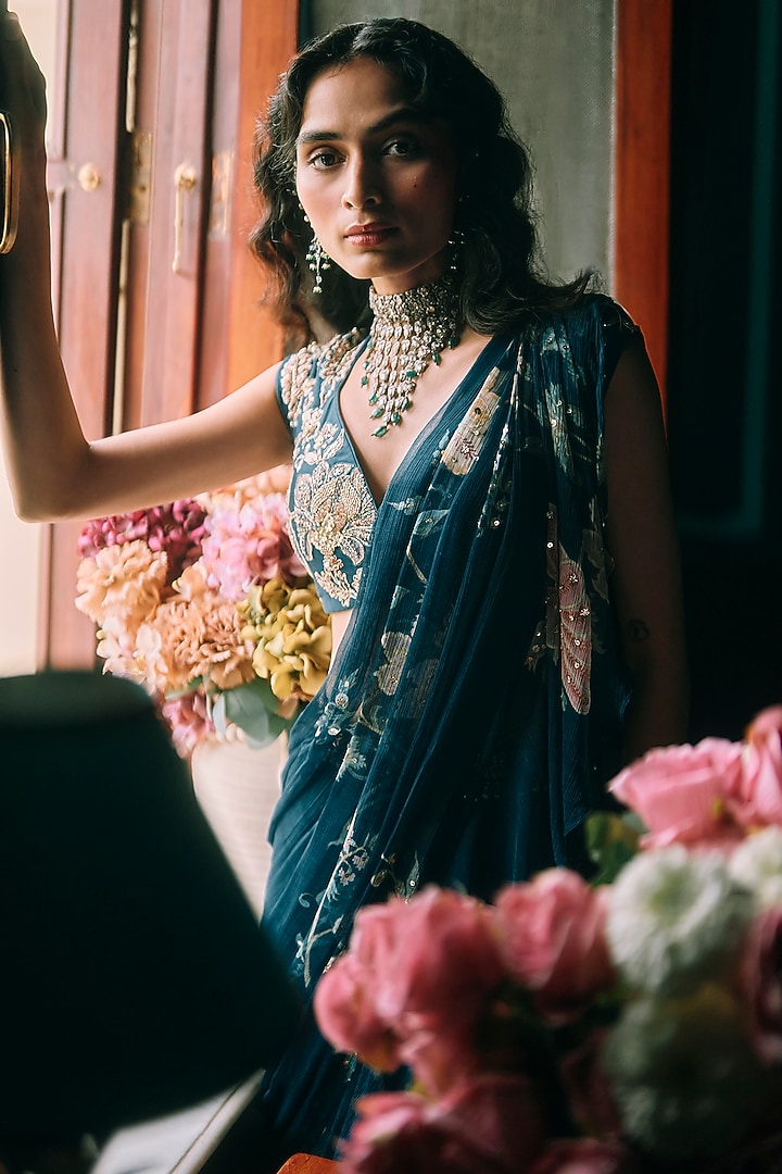 Berry Blue Pure Chiffon Floral Printed Wedding Saree Set by Paulmi & Harsh at Pernia's Pop Up Shop