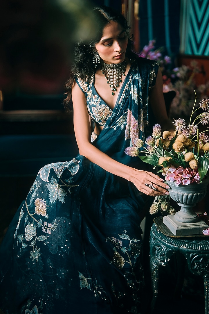 Berry Blue Pure Chiffon Floral Printed Wedding Saree Set by Paulmi & Harsh at Pernia's Pop Up Shop