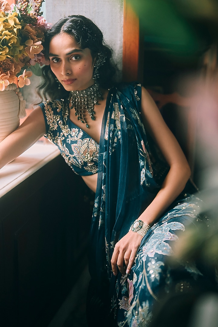 Berry Blue Pure Chiffon Floral Printed Wedding Saree Set by Paulmi & Harsh at Pernia's Pop Up Shop