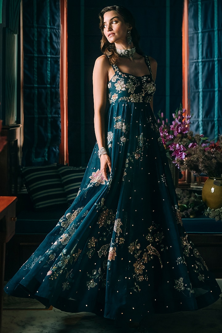 Berry Blue Pure Organza Floral Printed Wedding Anarkali  by Paulmi & Harsh at Pernia's Pop Up Shop