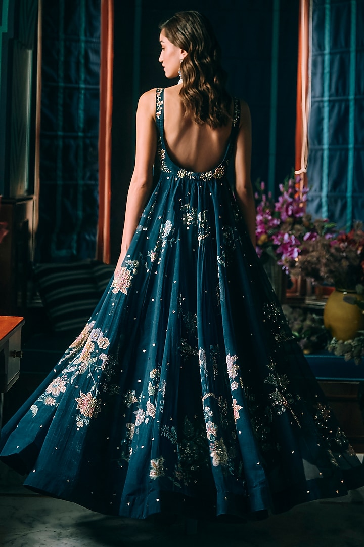 Berry Blue Pure Organza Floral Printed Wedding Anarkali  by Paulmi & Harsh at Pernia's Pop Up Shop