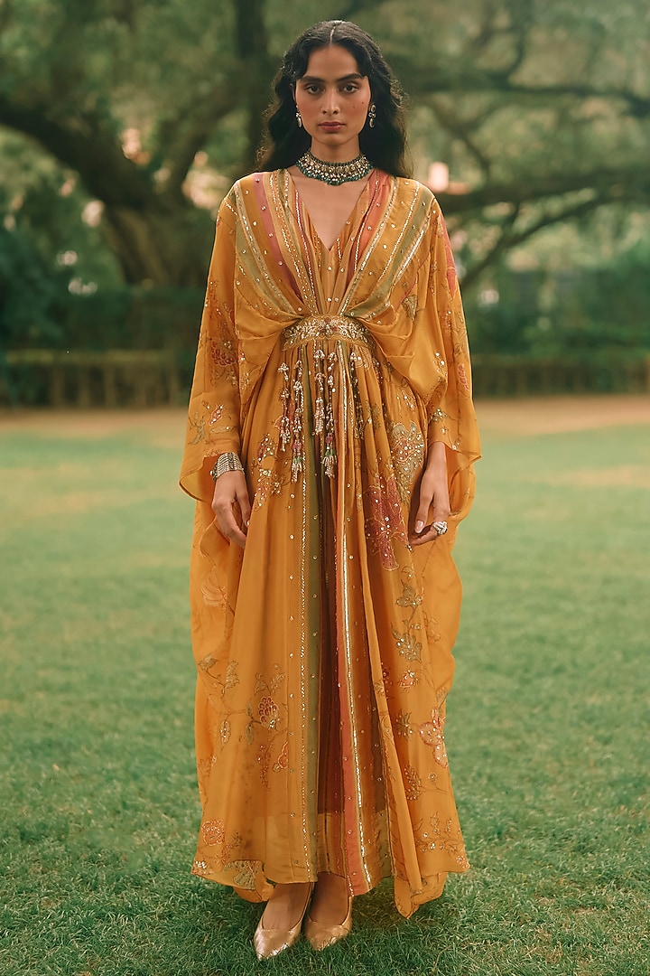 Mustard Yellow Silk Organza Floral Printed Kaftan by Paulmi & Harsh at Pernia's Pop Up Shop