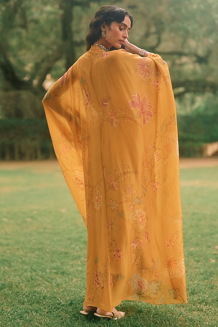 Mustard Yellow Silk Organza Floral Printed Kaftan by Paulmi & Harsh at Pernia's Pop Up Shop