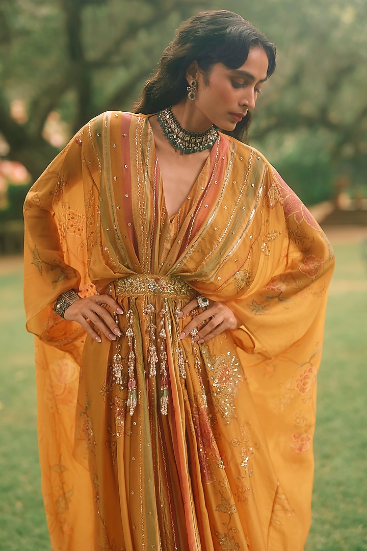 Mustard Yellow Silk Organza Floral Printed Kaftan by Paulmi & Harsh at Pernia's Pop Up Shop