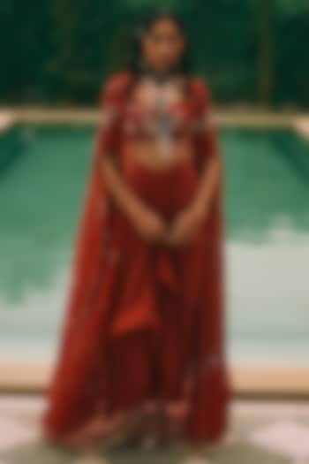 Sangria Red Crepe Knotted Draped Skirt Set by Paulmi & Harsh at Pernia's Pop Up Shop