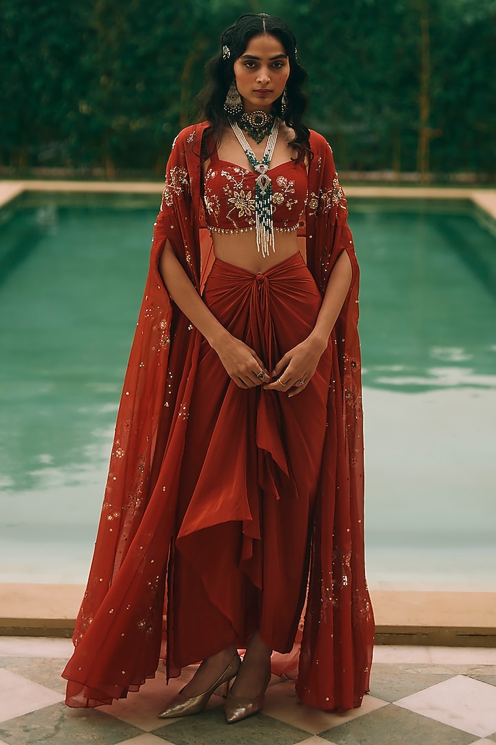 Sangria Red Crepe Knotted Draped Skirt Set by Paulmi & Harsh at Pernia's Pop Up Shop