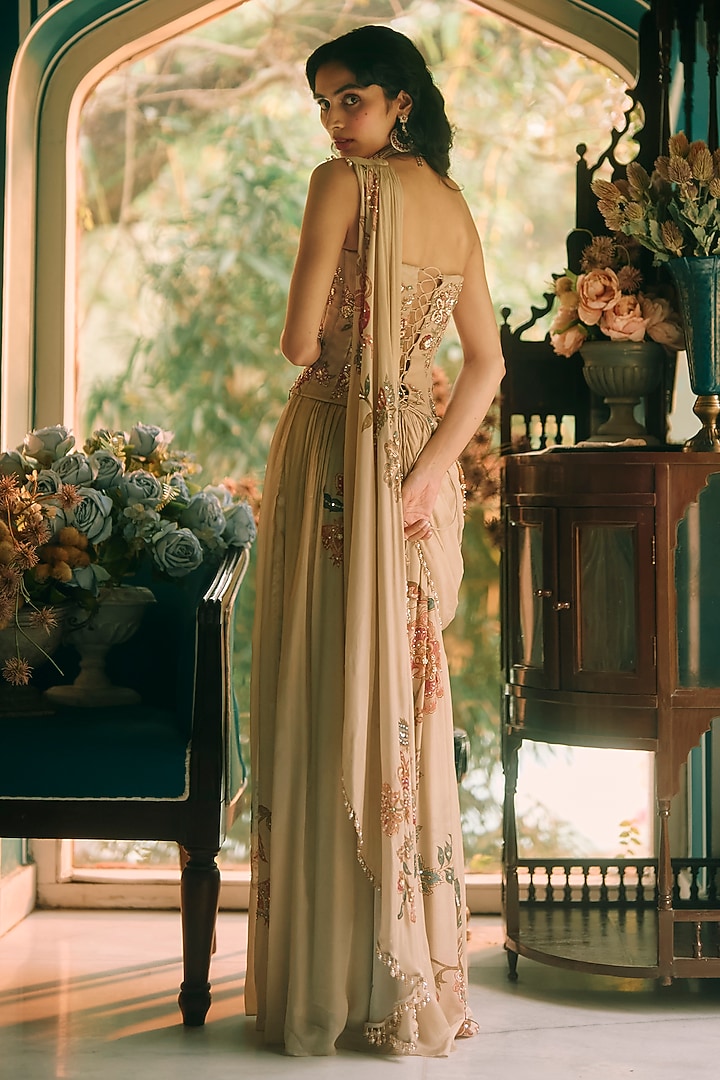 Ivory Chiffon Floral Printed Wedding Saree Set by Paulmi & Harsh at Pernia's Pop Up Shop