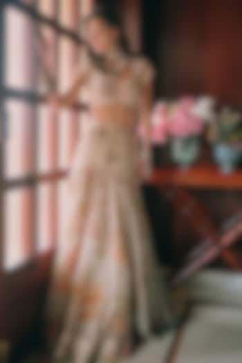 Ivory Pure Organza Floral Printed Fish-Cut Wedding Lehenga Set by Paulmi & Harsh at Pernia's Pop Up Shop
