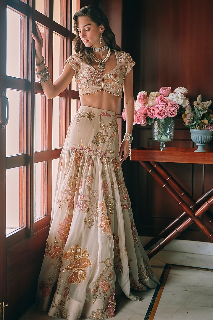 Ivory Pure Organza Floral Printed Fish-Cut Wedding Lehenga Set by Paulmi & Harsh at Pernia's Pop Up Shop