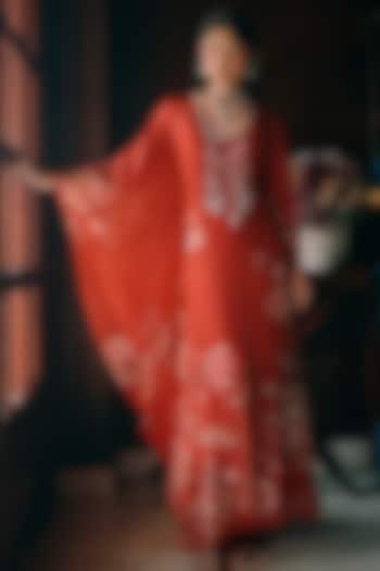 Crimson Red Silk Organza Floral Printed Kaftan by Paulmi & Harsh at Pernia's Pop Up Shop